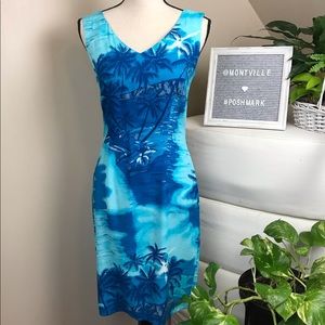 Tiki Girl Small Rayon Blue Hawaiian Print Dress